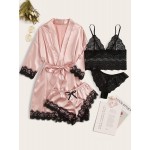 WDIRARA Women&#39;s 4 Pieces Satin Floral Lace Cami Top Lingerie Pajama Set with Robe