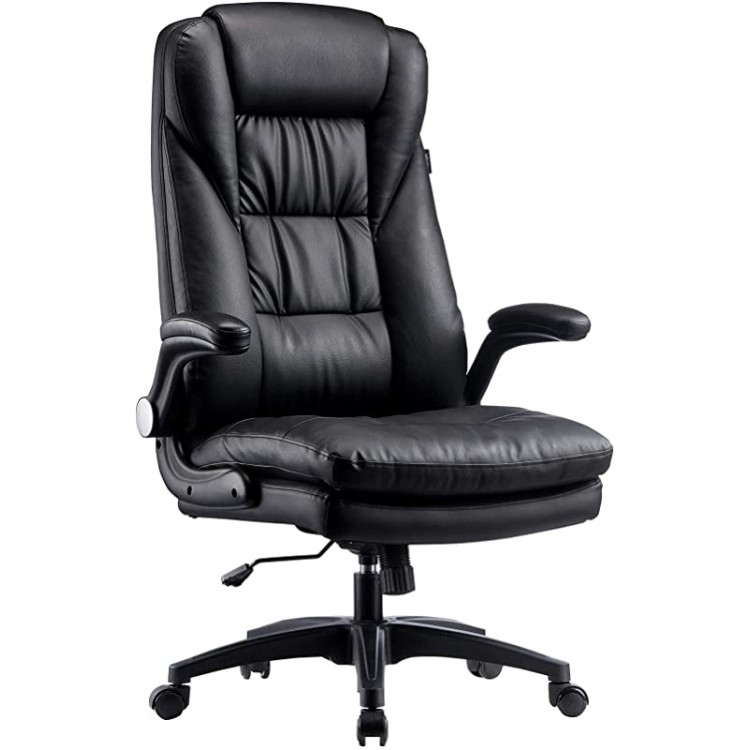 Hbada Ergonomic Executive Office Chair, PU Leather High-Back Desk Chair with Big and Tall Backrest and Cushion, Swivel Rocking Chair with Flip-up Padded Armrest and Adjustable Height, Black