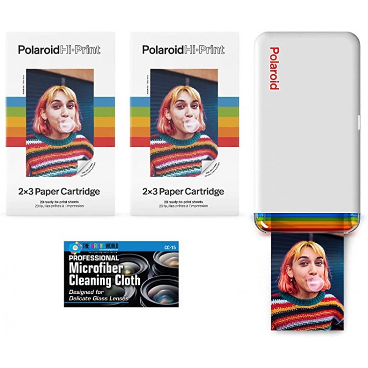 Polaroid Hi-Print - Bluetooth Connected 2x3 Pocket Phone Photo Printer with 2 Polaroid Hi·Print 2x3 Paper Cartridges (40 Sheets) and Microfiber Cloth