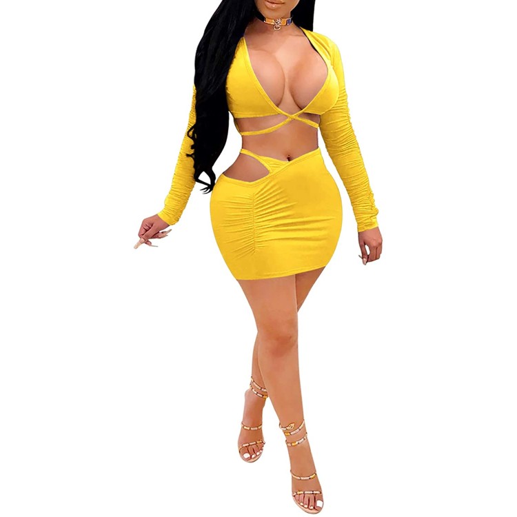 Womens Sexy Long Sleeve Cut-Out Bodycon Skirt Set V Neck Bodycon Clubwear