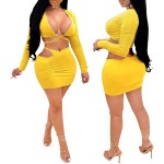 Womens Sexy Long Sleeve Cut-Out Bodycon Skirt Set V Neck Bodycon Clubwear