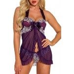 UONBOX Woman Babydoll Lingerie Halter Chemise Sleepwear V Neck Teddy Lace Nightgown