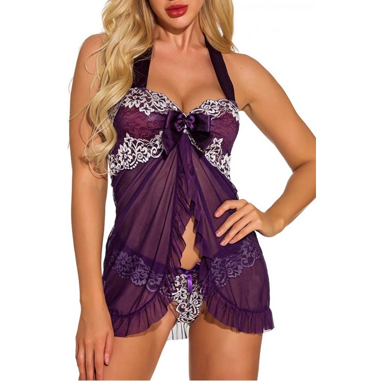 UONBOX Woman Babydoll Lingerie Halter Chemise Sleepwear V Neck Teddy Lace Nightgown