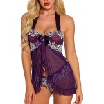 UONBOX Woman Babydoll Lingerie Halter Chemise Sleepwear V Neck Teddy Lace Nightgown