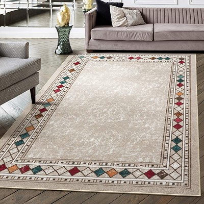 Antep Rugs Alfombras Modern Bordered 5x7 Non-Skid (Non-Slip) Low Profile Pile Rubber Backing Indoor Area Rugs (Beige, 5&#39; x 7&#39;)