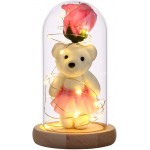 Uonlytech Enchanted Rose in Glass Dome with Lights, Beauty and The Beast Rose Bear Artificial Flowers, Preserved Rose for Valentines Day Mothers Day Anniversary Wedding Gifts, Pink