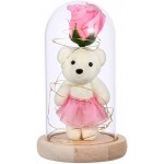 Uonlytech Enchanted Rose in Glass Dome with Lights, Beauty and The Beast Rose Bear Artificial Flowers, Preserved Rose for Valentines Day Mothers Day Anniversary Wedding Gifts, Pink