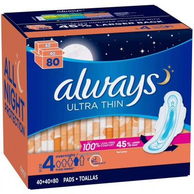 Always Always Ultra Thin Size 4 Overnight Pads with Wings Unscented 80 Ct.