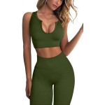 FAFOFA Workout Outfits for Women 2 Piece Ribbed Seamless Crop Tank High Waist Yoga Leggings Sets