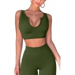 FAFOFA Workout Outfits for Women 2 Piece Ribbed Seamless Crop Tank High Waist Yoga Leggings Sets