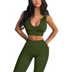 FAFOFA Workout Outfits for Women 2 Piece Ribbed Seamless Crop Tank High Waist Yoga Leggings Sets