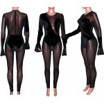 Uni Clau Women See Through Bodycon Jumpsuit - One Piece Deep V Neck Outfits Sheer Mesh Leopard Clubwear Jumpsuit Rompers