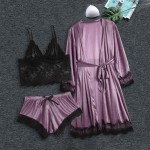 Sexy Lace Lingerie Nightwear for Women 3PC Sleepwear Nightdress Lace Underwear Pajama Set Pants Bra and Outerwear