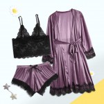 Sexy Lace Lingerie Nightwear for Women 3PC Sleepwear Nightdress Lace Underwear Pajama Set Pants Bra and Outerwear