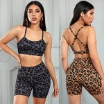 YELLAYBY Quick Dry Fitness Leopard Gym Yoga Sets Outfit Women Two Pieces Suit Jumpsuit Crop top Bodycon Sexy Sport wear Shorts Yoga Exercise (Color : Gray, Size : XL)