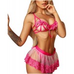 Uouge Ruffle Laceup Lingerie Embroidery Splicing Mesh Underwear Naughty for Sex Womens Cute Bowknot Bra Skirt Thong Babydoll