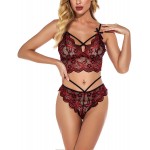 Women Lace Lingerie Set Strappy Garter Bodysuit 2 Pieces Bra &amp; Thong Underwear Sexy Mini Babydoll Sleepwear Leotard