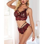 Women Lace Lingerie Set Strappy Garter Bodysuit 2 Pieces Bra &amp; Thong Underwear Sexy Mini Babydoll Sleepwear Leotard