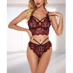 Women Lace Lingerie Set Strappy Garter Bodysuit 2 Pieces Bra &amp; Thong Underwear Sexy Mini Babydoll Sleepwear Leotard