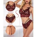 Women Lace Lingerie Set Strappy Garter Bodysuit 2 Pieces Bra &amp; Thong Underwear Sexy Mini Babydoll Sleepwear Leotard