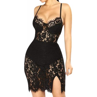 Salimdy Women&#39;s Lace Spaghetti Strap Mini Dress Sexy Deep V Neck Lingerie Bodycon Camisole Dresses