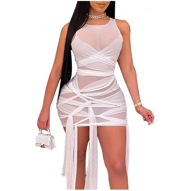 L&#39;VOW Women&#39;s Sexy Bodycon Irregular Bandage Sheer Mesh Bodysuit Sleeveless Open Back Pencil Dress