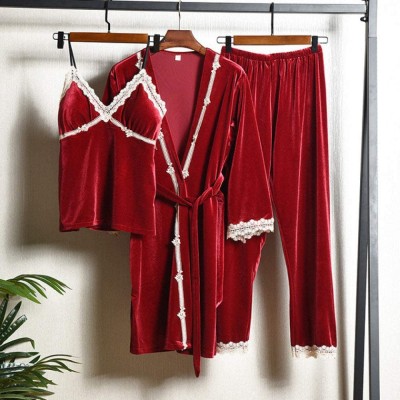 SDCVRE Winter Nightgown Pajamas,Autumn and Winter Pajamas Feminine Gold Velvet Sling New Ladies Suit Long-Sleeved Nightgown Service,red,M