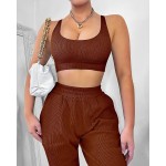 Two Piece Workout Outfits for Women Jogger Sweatpants Sets with Pockets Ribbed Sports Bra Gym Activewear