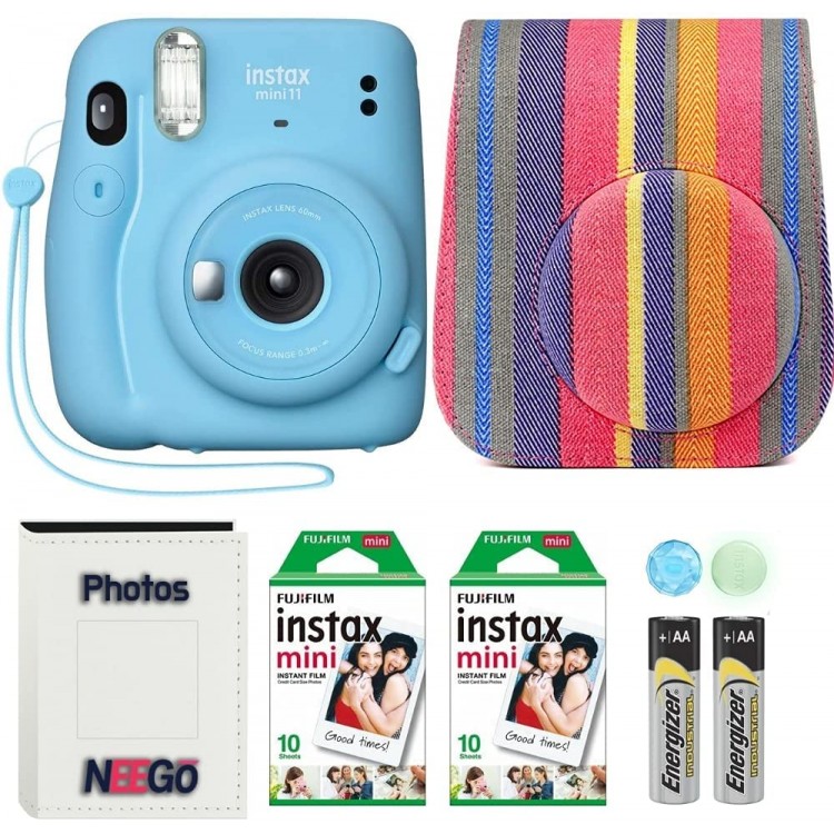 Fujifilm Instax Mini 11 Camera with Case, Fuji Instant Film (20 Sheets) and Photo Album (Sky Blue)