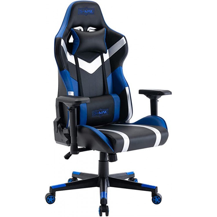 SMAX Gaming Chair with Wide Seat Ergonomic Computer Gamer Chair with 4D Armrest Creamy PU Leather Headrest and Lumbar Support Racing Style High Back Video Game Chairs for Adults Black and Blue