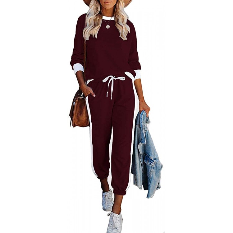 PRETTYGARDEN Women&#39;s 2 Piece Outfits Long Sleeve Crewneck Sweatsuit Striped Side Jogger Sweatpants Tracksuit