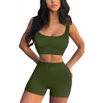 FAFOFA Workout Sets for Women 2 Piece Seamless Ribbed Crop Tank High Waist Shorts Yoga Outfits