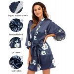 Escalier Women&#39;s Silk Satin Pajamas Sets 2Pcs Floral Silky Pj Robe Set with Chemise Nightgown