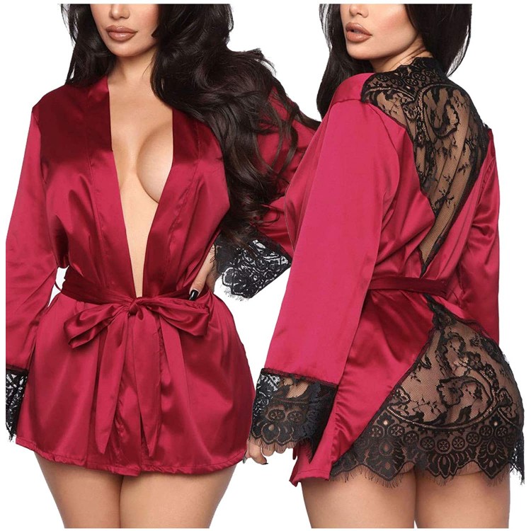 Women&#39;s Sexy Lace-Trim Robe Long Sleeve Satin Kimono Sleepwear Bridesmaid Wedding Party Nightwear