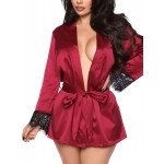 Women&#39;s Sexy Lace-Trim Robe Long Sleeve Satin Kimono Sleepwear Bridesmaid Wedding Party Nightwear