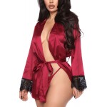 Women&#39;s Sexy Lace-Trim Robe Long Sleeve Satin Kimono Sleepwear Bridesmaid Wedding Party Nightwear