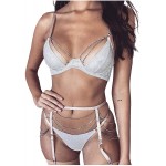 Women Lingerie for Sex, Babydoll Sexy Sliver Shiny Teddy Lingerie Bodysuit Halter Padded Bra Panties Thong with Garter Belt 2pcs Set Seductive Deep V Bandage Underwear Nightwear YXF99