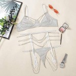 Women Lingerie for Sex, Babydoll Sexy Sliver Shiny Teddy Lingerie Bodysuit Halter Padded Bra Panties Thong with Garter Belt 2pcs Set Seductive Deep V Bandage Underwear Nightwear YXF99