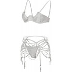 Women Lingerie for Sex, Babydoll Sexy Sliver Shiny Teddy Lingerie Bodysuit Halter Padded Bra Panties Thong with Garter Belt 2pcs Set Seductive Deep V Bandage Underwear Nightwear YXF99