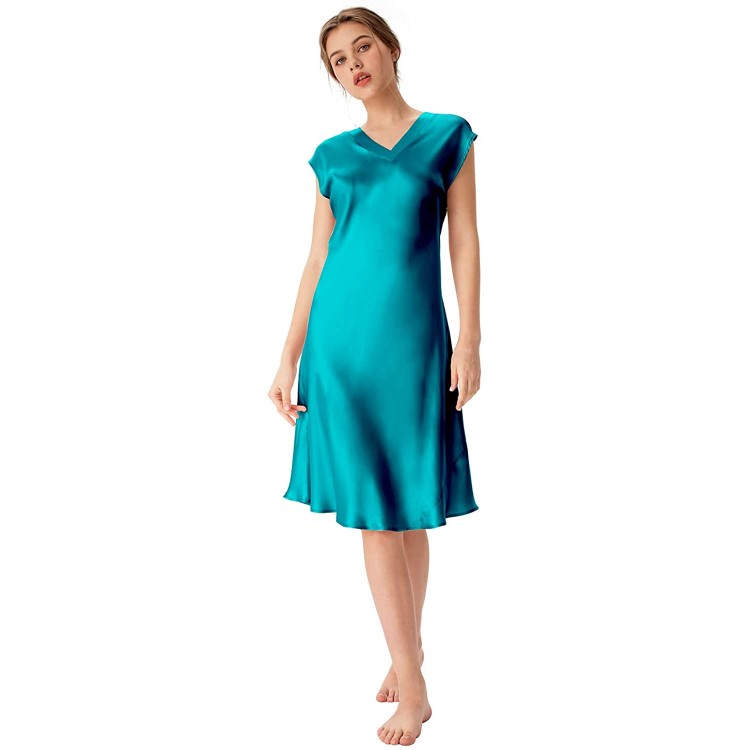 Women&#39;s Silk Nightdress, Long V Neck 22 Momme Mulberry Silk Nightdress Short Sexy Chemise Sleepwear Slip Nightgown Dark Cyan