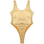 Women Sexy Lingerie Bodysuit One-piece Swimsuits Sleeveless High Cut Wetlook Faux Leather Stretch Leotard Bodysuit Bathing Suits (Color : Silver, Size : M) YXF99 (Color : Gold, Size : M)