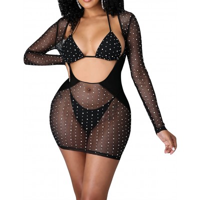 GLUDEAR Women&#39;s Sexy Sheer Mesh See Through Rhinestone Diamond Bodycon Mini Dress Clubwear Outfit