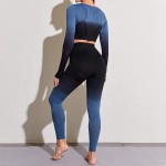 TAKIYA Women&#39;s 2 Piece Workout Outfit Seamless High Waist Leggings with Long Sleeve Crop Top Yoga Set Gradient Color