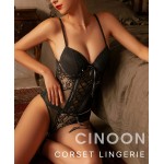 CINOON Push Up Lingerie Set Bustier Corsets Lingerie for Women Lace Bodysuit Teddy with Garter Belts