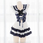 N\C Girl Sexy Lolita Lace Perspective Backless Hollow Out Cross Bandage Nightdress Navy Collar Uniform Short Skirt Underwear Set