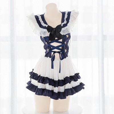 N\C Girl Sexy Lolita Lace Perspective Backless Hollow Out Cross Bandage Nightdress Navy Collar Uniform Short Skirt Underwear Set