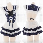 N\C Girl Sexy Lolita Lace Perspective Backless Hollow Out Cross Bandage Nightdress Navy Collar Uniform Short Skirt Underwear Set