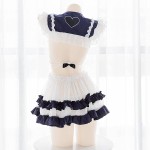 N\C Girl Sexy Lolita Lace Perspective Backless Hollow Out Cross Bandage Nightdress Navy Collar Uniform Short Skirt Underwear Set