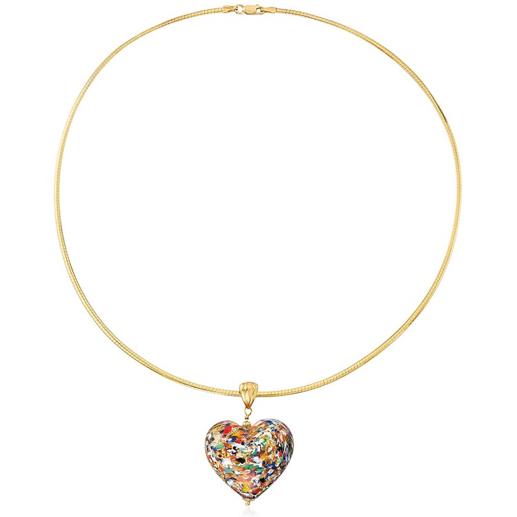 Ross-Simons Italian Murano Glass Multicolored Heart Pendant With Omega Chain in 18kt Gold Over Sterling