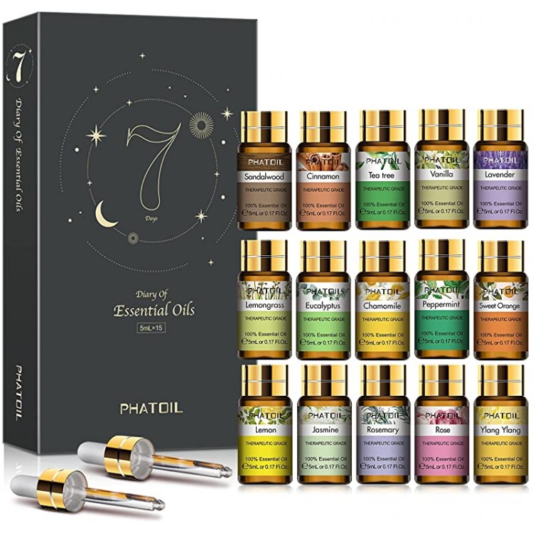 PHATOIL Essential Oils Gift Set 15 x 5ml, Pure Essential Oil Aromatherapy Oil for Skin Care, Hair Care, Bath, Ideal for Humidifier, Diffuser, Relax